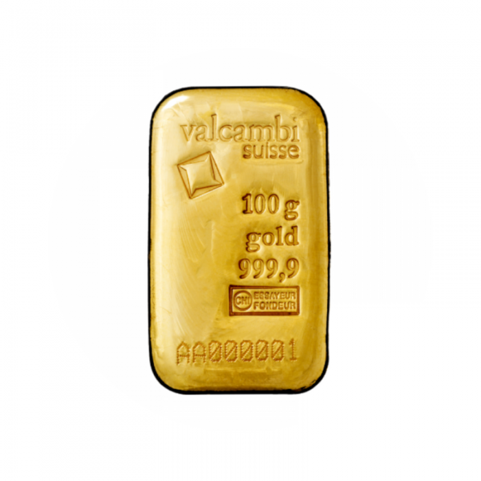 100 g investicinio aukso luitas Valcambi 999.9 (lietas)