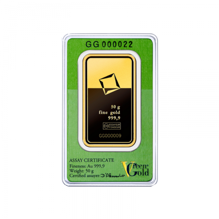 50 g gold bar of Green Gold, Valcambi 999.9