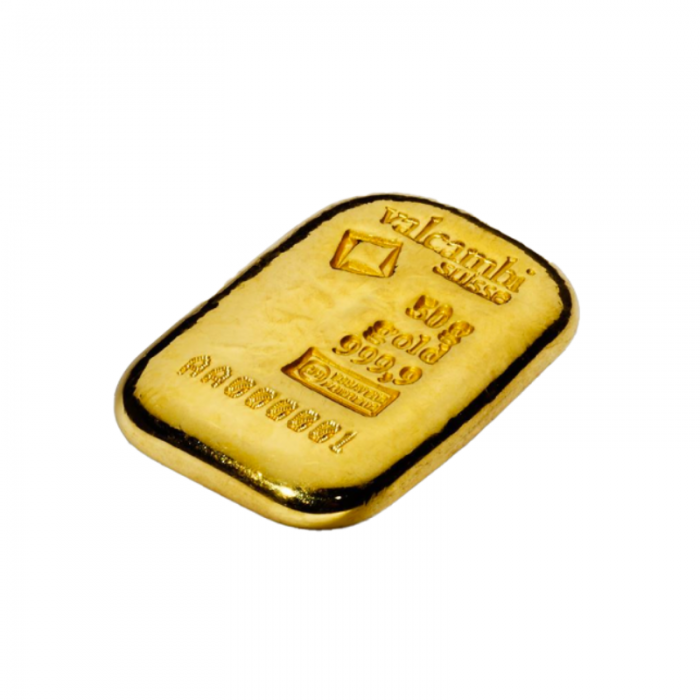 50 g lietas investicinio aukso luitas Valcambi 999.9 
