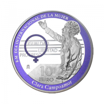 10 Eurų sidabrinė spalvota moneta Clara Campoamor, Ispanija 2022