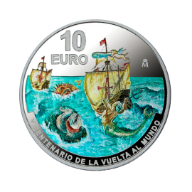 10 eur sidabrinė PROOF spalvota moneta Pirmoji kelionė laivu aplink pasaulį, Ispanija 2020