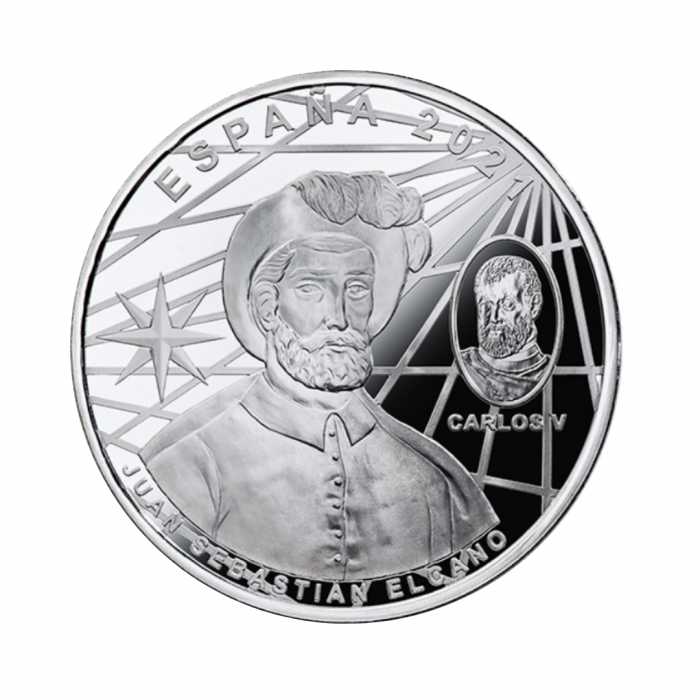 10 eur sidabrinė PROOF spalvota moneta Pirmoji kelionė laivu aplink pasaulį, Ispanija 2021