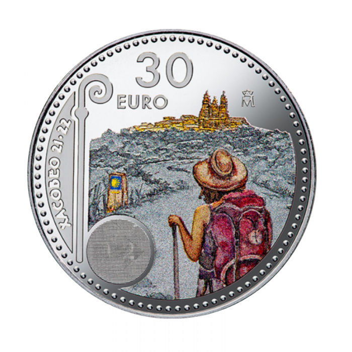30 eur silver colored coin XACOBEO on the card, Spain 2021