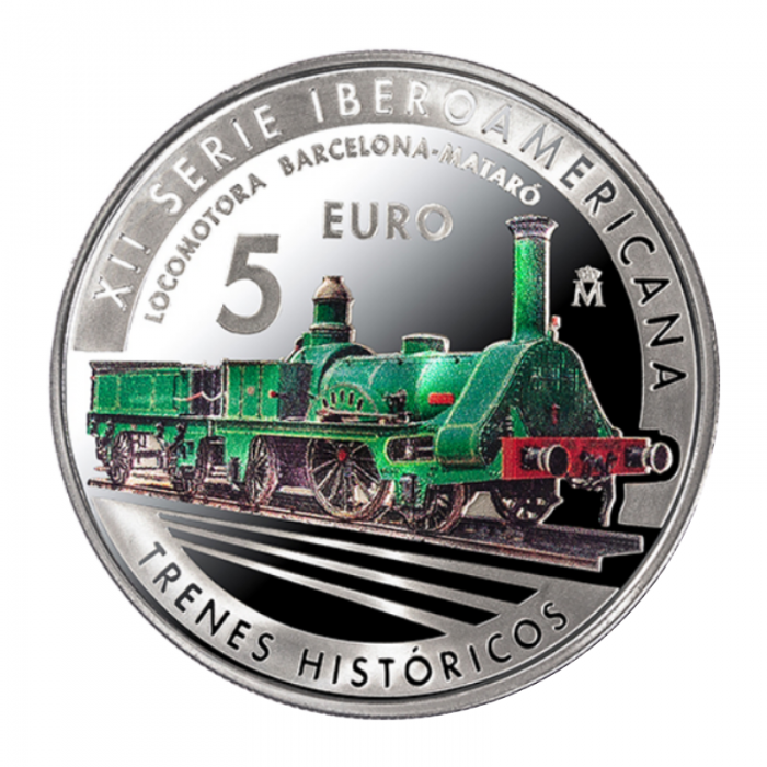 5 eur colourised silver coin Locomotora Barcelona-Mataro, Spain 2020