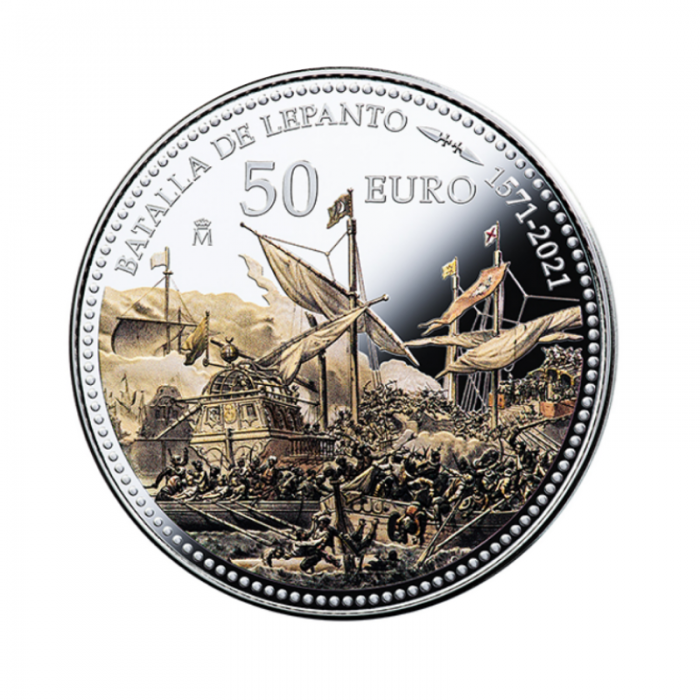 168.75 gramų, 50 eur sidabrinė spalvota moneta Lepanto mūšis, Ispanija 2021