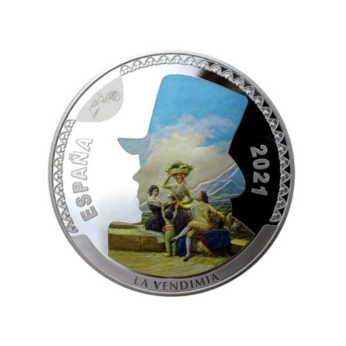 168 g., 50 eur silver colored coin for the 275-th anniversary of Francisco de Goya, Spain 2021