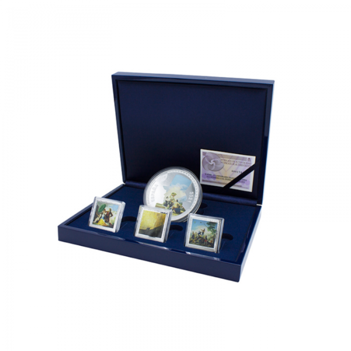 Set of silver, colored, collectible coins of the 275-th anniversary of Francisco de Goya, Spain 2021