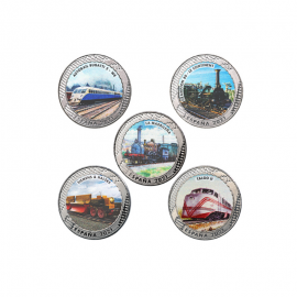 Set of colored, collectible five coins History Of Railways, Spain 2021