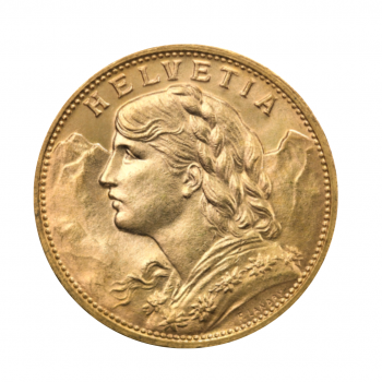 20 frankų (6.45 g) auksinė moneta Helvetia, Šveicarija