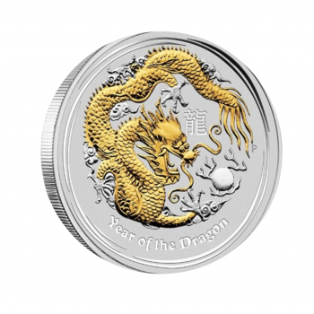 1 oz (31.10 g) sidabrinė moneta Drakonas, Lunar II, Australija 2012 (dalinai paauksuota)