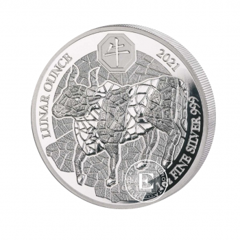 1 oz (31.10 g) sidabrinė moneta Lunar, Ox, Ruanda 2021