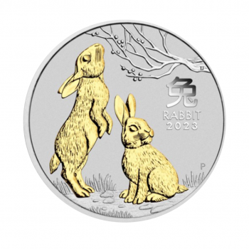 1 oz (31.10 g) sidabrinė moneta Lunar III Triušio metai, Australija 2023 (dalinai paauksuota)