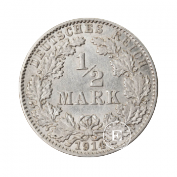 1/2 markės (2.5 g) sidabrinė moneta Empire, Vokietija (1905 - 1919)