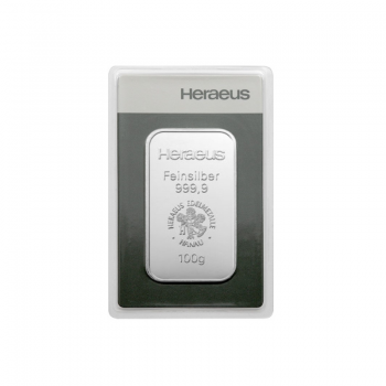 100 g silver cast bar, Heraeus 999.9