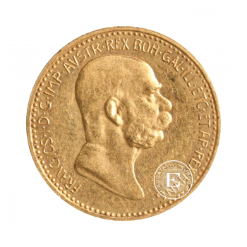 10 kronų (3.045 g) auksinė moneta, Austrija 1908 (originalas)