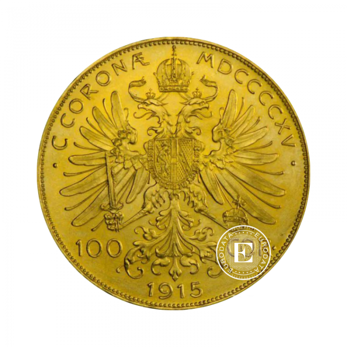 100 kronų (33.87 g) auksinė moneta, Austrija 1915, Restrike