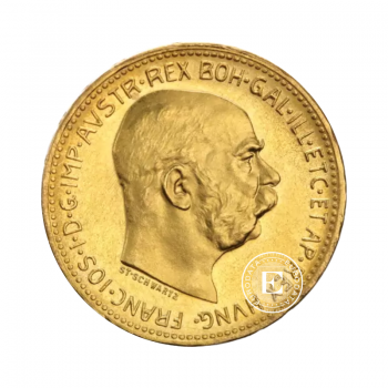 20 kronų (6.10 g) auksinė moneta Franz-Joseph I, Austrija 1915, Naujas leidimas