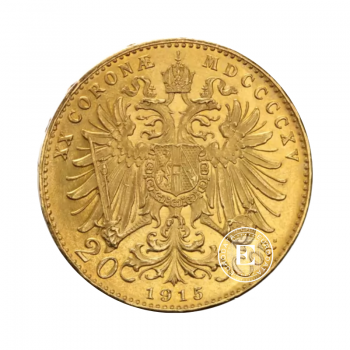 20 kronų (6.10 g) auksinė moneta Franz-Joseph I, Austrija 1915, Naujas leidimas