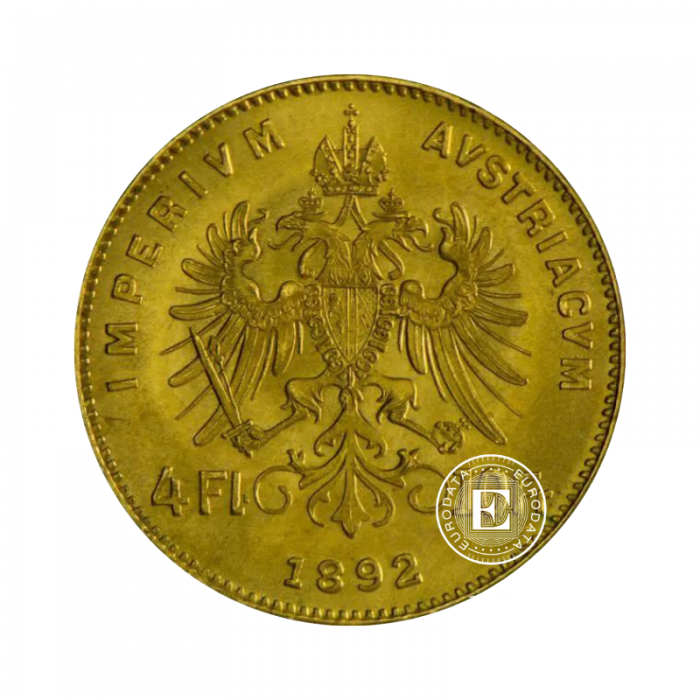 4 florinų (2.90 g) auksinė moneta, Austrija 1892 Restrike