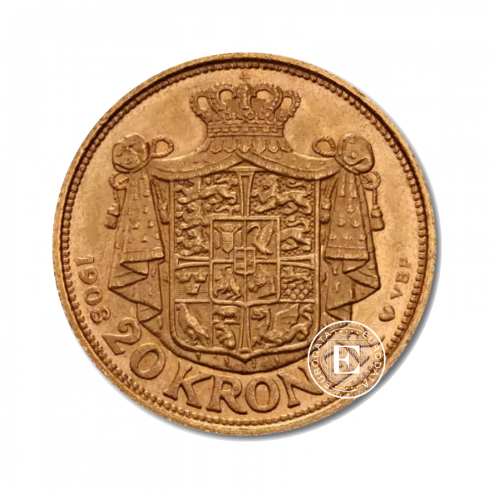 20 kronų (8.06 g) auksinė moneta Frederikas VIII, Danija 1908-1912