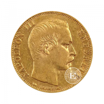 20 frankių (5.81 g) auksinė moneta Napoleon III be vainiko, Prancūzija 1853-1860