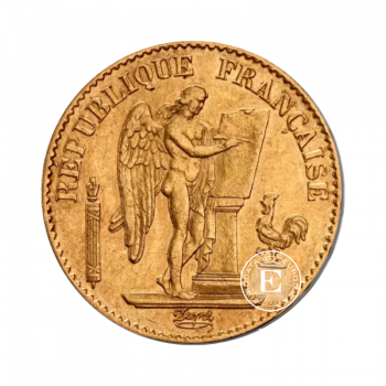 20 frankų (5.81 g) auksinė moneta Angel (Génie) 3rd Republic, Prancūzija 1871-1898