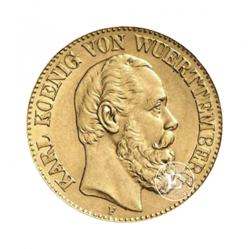 10 markių (3.58 g) auksinė moneta Karl King of Württemberg, Vokietija 1872-1913