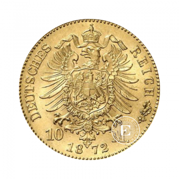 10 markių (3.58 g) auksinė moneta Karl King of Württemberg, Vokietija 1872-1913