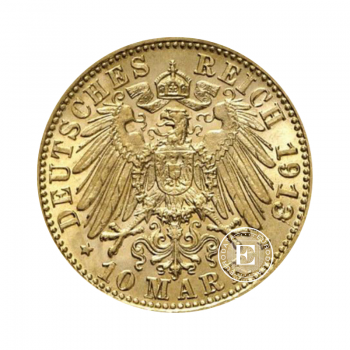 10 markių (3.58 g) auksinė moneta Wilhelm II King of Wurttemberg, Vokietija 1872-1913