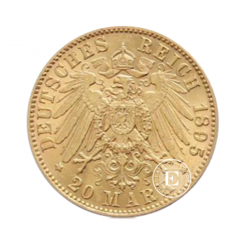 20 markių (7.16 g) auksinė moneta Albert King of Saxony, Vokietija 1874-1895