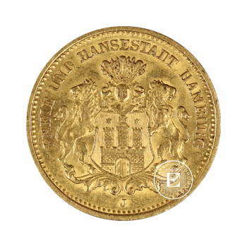 20 markių (7.16 g) auksinė moneta Hamburg, Vokietija