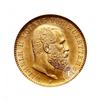 20 markių (7.16 g) auksinė moneta Wilhelm II King of Wurttemberg, Vokietija 1894-1914