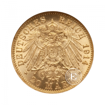 7.16 g auksinė moneta 20 markių Friedrich II Grand Duke of Baden, Vokietija 1911-1914
