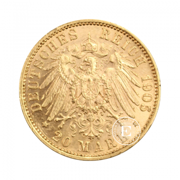 7.16 g pièce d'or 20 Mark Friedrich August of Saxony, Allemagne 1905-1914