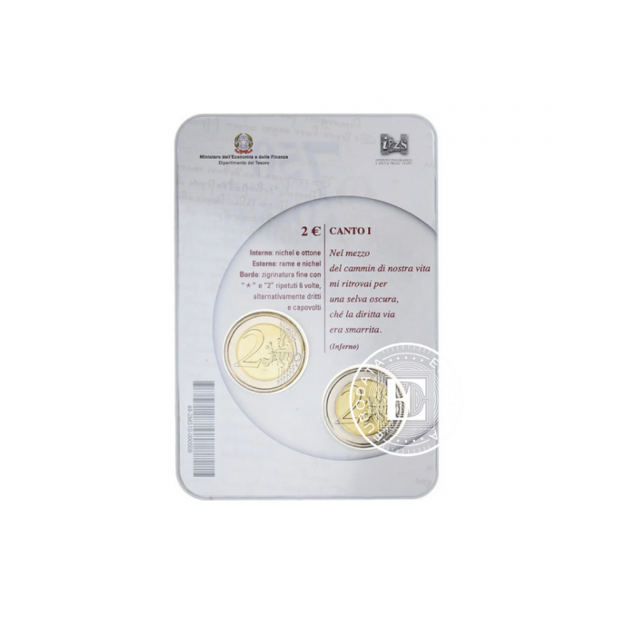 2 Eur coin on coincard 750 years since the birth of Dante Alighieri, Italy 2015