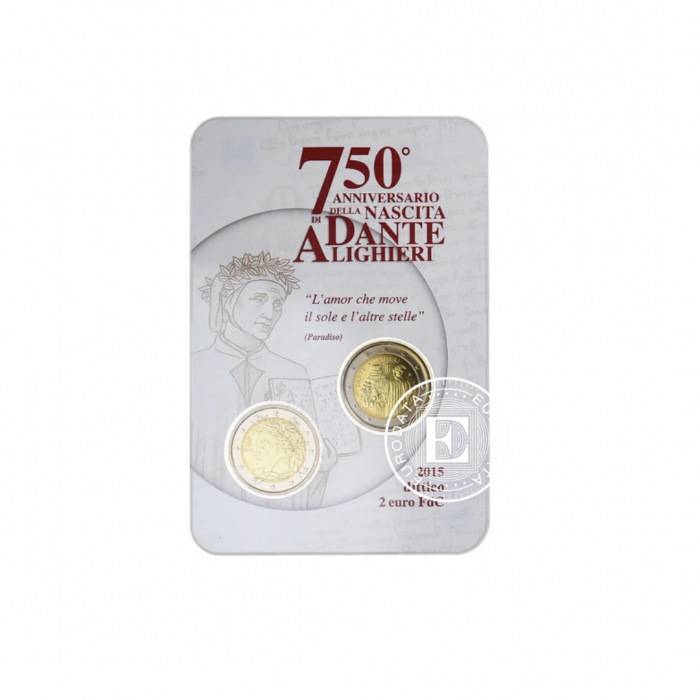 2 Eur coin on coincard 750 years since the birth of Dante Alighieri, Italy 2015