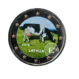 2 Eur coin colored Brown cow, Latvia 2016