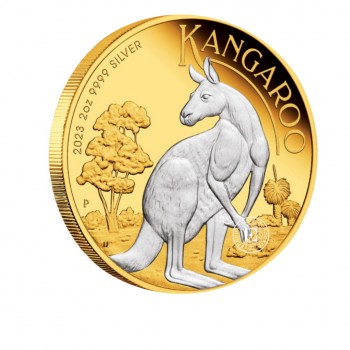 2 oz (62.20 g) sidabrinė moneta Kengūra, Australija 2023 (dalinai paauksuota, su sertifikatu)