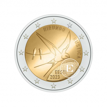 2 Eur coin on card Barn Swallow, Estonia 2023