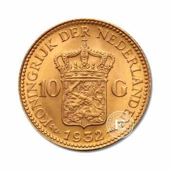 10 guldenų (6.06 g) auksinė moneta Wilhelmina, Olandija 1892-1933