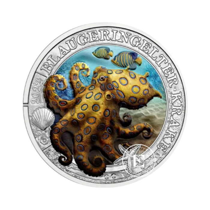 3 Eur colored coin Blue-ringed Octopus, Austria 2022