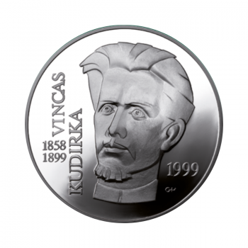 50 litų (28.28 g) sidabrinė moneta 1858–1899 m. Vincas Kudirka, Lietuva 1999