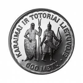 Srebrna moneta o nominale 50 litów upamiętniająca 600-lecie powstania Karaimów i Tatarów na Litwie, Litwa 1997