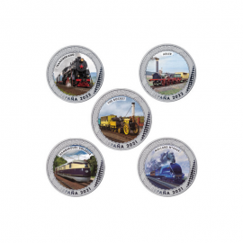 Set of colored, collectible five coins History Of Railways, Spain 2021