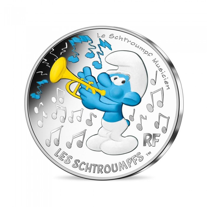 10 Euros Silver colorised coin Musician Smurf 14/20, France 2020 || The Smurfs