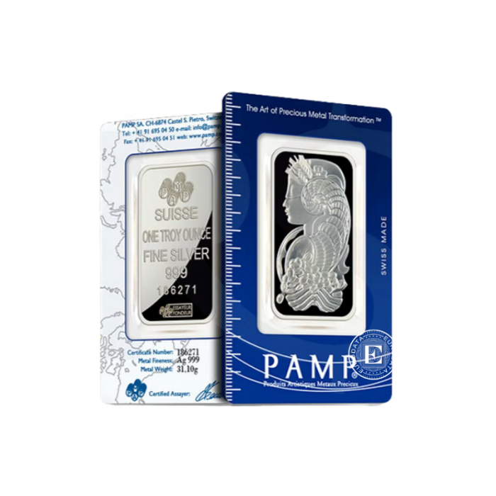 1 oz (31.10 g) sidabro luitas Fortūna, PAMP 999.0
