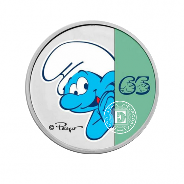1 oz (31.10 g) silver colored coin on card Smurfs 65th Anniversary, Niue 2023