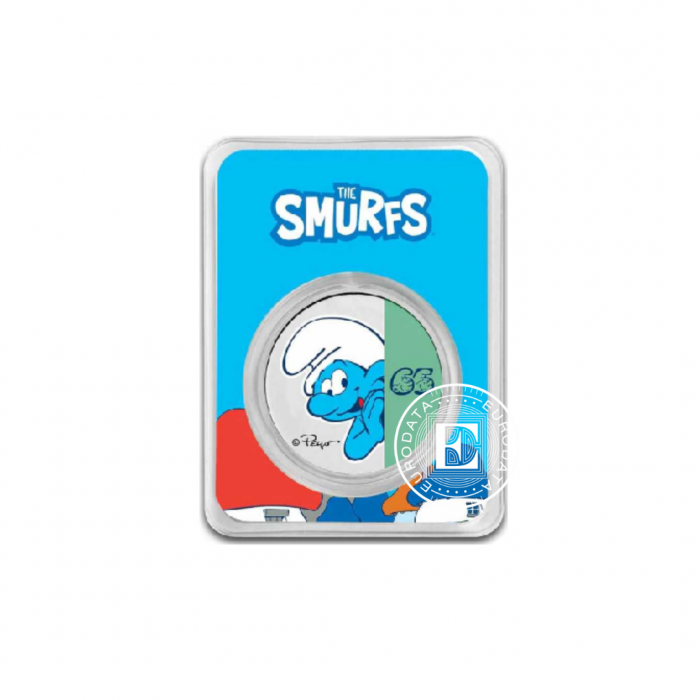 1 oz (31.10 g) silver colored coin on card Smurfs 65th Anniversary, Niue 2023