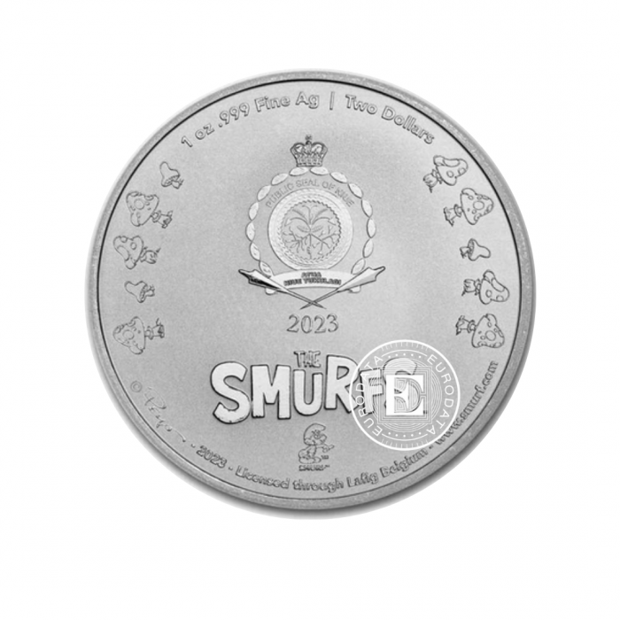 1 oz (31.10 g) sidabrinė spalvota moneta kortelėje  Smurfs 65-osios metinės, Niujė 2023