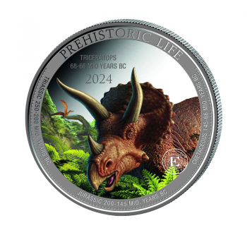 1 oz (31.10 g) pièce d'argent coloree Prehistoric Life II - Triceratops, République du Congo 2024